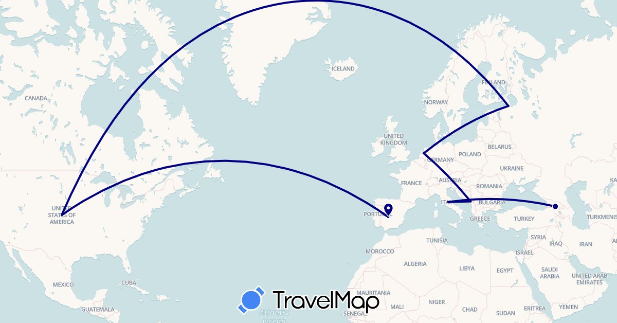 TravelMap itinerary: driving in Spain, Georgia, Italy, Montenegro, Netherlands, Russia, United States (Asia, Europe, North America)
